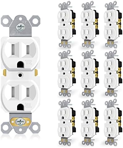 15A Duplex Receptacle, Decorative Outlet, Tamper-Resistant Electrical Wall Outlets, Standard Residential Grade, 2-Pole 3-Wire, Self-Grounding, Child Safe, Commercial Use, UL Listed, White, 10 Pack