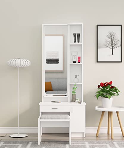 Image of Bniture Wooden Dressing Table for Bedroom with 1 Drawer, Mirror and Huge Storage Space with Stool | Long Dresser Vanity Table with Mirror(40D x 68W x 175H CM) (Frosty White)