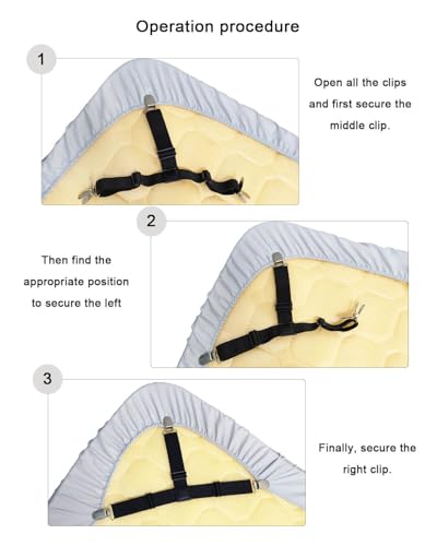 AireKouzia Fitted Sheet Straps with Clips - Bedsheet Holders for Queen and King Size Bed Set of 4, Adjustable Mattresses Suspenders for Keep Sheets in Place Firm and Tight (01-Black)