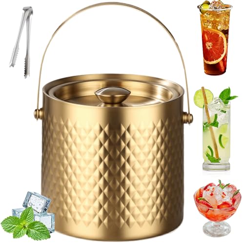 2L Insulated Ice Bucket with Lid – Double-Walled Stainless Steel, Vacuum-Sealed for Cocktails, Beer & Champagne – Ideal for Home Bars, Pubs, BBQs & Picnics (Golden)