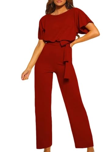 Dokotoo Womens Plus Size Crew Neck Long Sleeve Belted Wide Leg Playsuits Keyhole Apricot Jumpsuit Dressy Formal X-Large #TOP7
