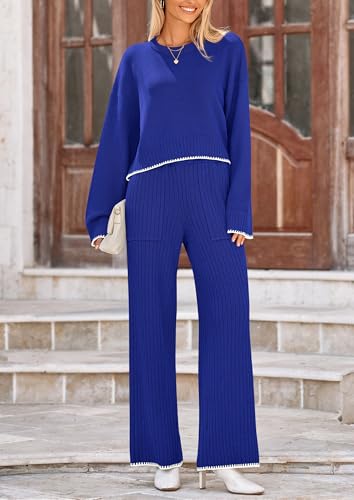 PRETTYGARDEN Women\'s 2 Piece Fall Outfits Long Sleeve Crop Top Wide Leg Pants Knit Pullover Sweater Lounge Set (Royal Blue,Large)
