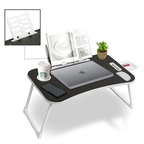 Image of Callas Multi-Purpose Laptop Table with | Cup Holder | Drawer | Mac Holder | Study Table /Bed Table /Breakfast Table /Foldable and Portable Wooden Table | with Book Rack (WA-40-Black)