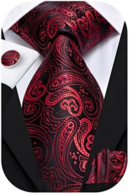 Dubulle Mens Paisely Red and Black Tie Pocket Square Woven Silk Necktie Set with Cufflinks for Wedding
