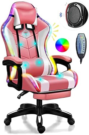 LED Gaming Chair with Bluetooth Speakers, Ergonomic Pro Chair with Full Lumbar Support, Adjustable Backrest & Retractable Footrest for Ultimate Comfort