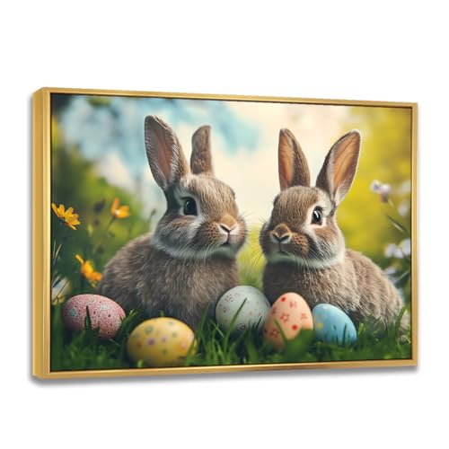 Easter Rabbits Framed Canvas Wall Art 2 Bunnies Pastel Eggs in Meadow Spring Picture Poster for Nursery Kids Room Playroom Living Room Entryway Farmhouse Beach House Wall Decor(16"X24"Gold-Frame)