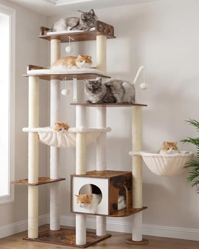 Heybly Cat Tree 70.5 Inch Wood Tall Cat Tower for Large Indoor Cats with Extra Stable Structure Modern Cat Furniture with All-Sisal Scratching Posts Cat Condo & Hammocks Rustic Brown HCT121SR