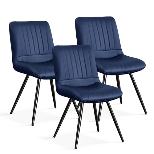 Image of Dining Chairs Set of 3, Modern Dining Chairs with Thick Cushions, PU Leather Upholstered Kitchen Dining Room Chairs with Metal Legs for Dining Living Room (Navy Blue)