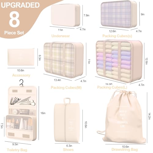 8 Set Packing Cubes for Travel,Suitcase Organizer Bags for Luggage with Shoe & Hanging Toiletry Bag, Vacation Essentials & Accessories for Cruise Ship, Airplane Must-Have,Road Trip & Camp Gifts(Cream) - Thumbnail 2