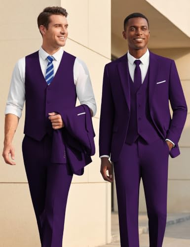 Image of WULFUL Men's Slim Fit Suit One Button 3-Piece Blazer Dress Business Wedding Party Jacket Vest & Pant
