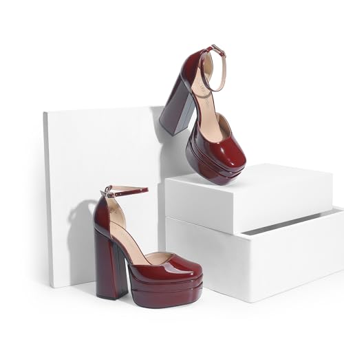 Image of DREAM PAIRS Women's High Chunky Platform Closed Toe Block Heels Square Toe Ankle Strap Dress Wedding Party Pumps Shoes Aurelia