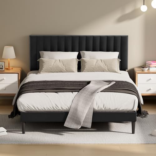 KUTAS Polsterbett 140x200 cm, Bettgestell mit Höhenverstellbarem Kopfteil und Lattenrost, Stabiler Bettrahmen, Bis 480 kg, Gepolstertes Bett, Kein Boxspring erforderlich, Einfache Montage, Schwarz