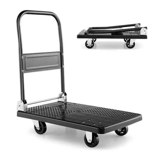 TANGZON Folding Push Cart Dolly, Rolling Flatbed Luggage Cart with 360° Swivel Wheels, Garage Warehouse Moving Platform Hand Push Truck(Black, 72 x 48 x 81cm, 200kg Capacity)