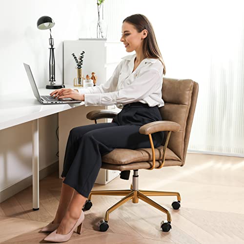 Leagoo Mid Back Home Office Desk Task Chair With Wheels And Arms Ergonomic Pu Leather Computer Rolling Swivel Chair With Padded Armrest (Khaki) #TOP7