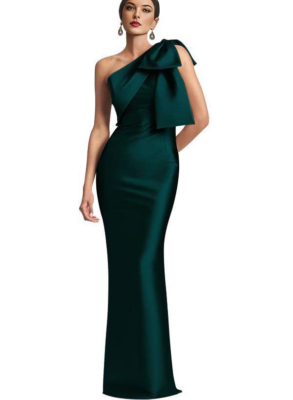 Image of IIF One Shoulder Bow Prom Dress for Women Mermaid Satin Formal Dresses Long Bodycon Evening Cocktail Gowns IIF043
