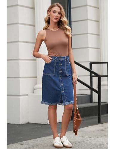 Vetinee Jean Skirts for Women Button Down Distressed Raw Hem Casual Summer Stretchy Knee Length Denim Skirt with Pockets3