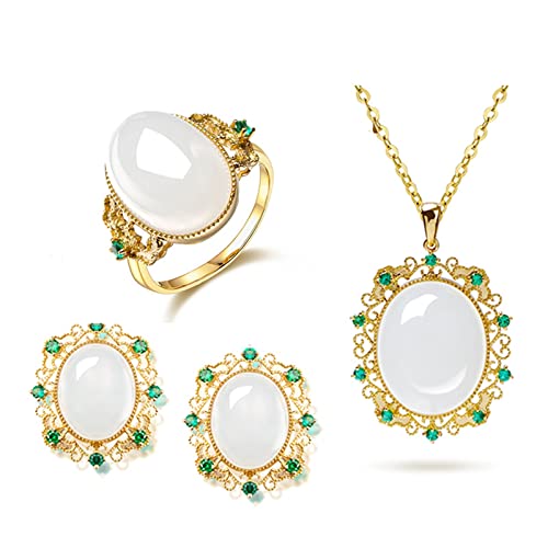 Anillo de compromiso y pendientes KnSam de jade blanco con colgante clásico ovalado