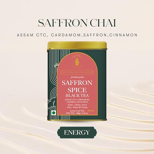 Image of Luxmi Estates Saffron Chai | 100 gm | Signature India collection | Assam CTC | Black tea collection | Strong Masala Chai | Antioxidants | Assam Valley tea | Kashmiri Saffron, Cinnamon, Natural Cardamom Extract