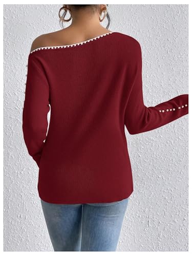 Image of WDIRARA Women's Pearls Beaded One Cold Shoulder Sweater Long Sleeve Asymmetrical Knit Top