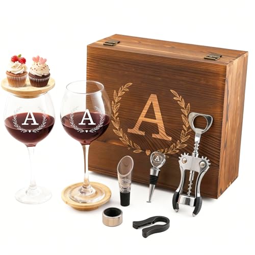 GZLDGIFTS Personalized Initial Wine Glasses Box Gift Set For Women Mom Engraved Birthday Monogrammed Wooden Christmas Gifts Wedding Anniversary Wine Couples Stopper Opener Initial Letterr (A Set)