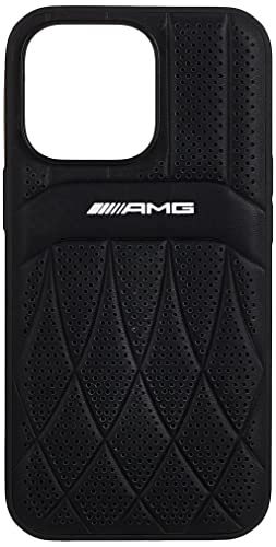 AMG CG Mobile Étui en Cuir véritable avec Lignes incurvées perforées estampillées à Chaud avec Logo pour iPhone 13 Pro (6,1") Noir