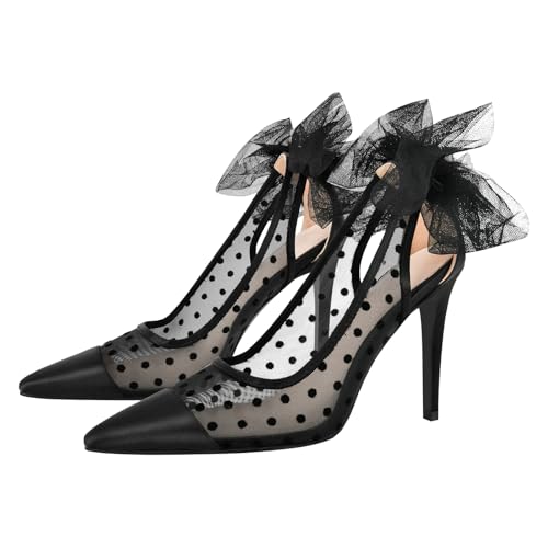 sexytag Women's Polka Dot Bow Heels Mesh Stiletto Heels Slip On Closed Pointed Toe Wedding Pumps 3 Inch