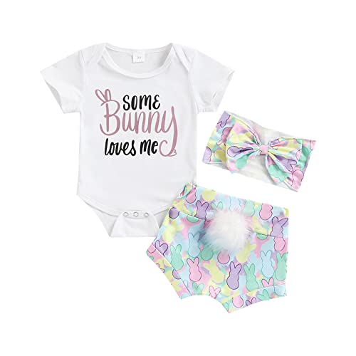 Image of YOKJZJD Newborn Infant Baby Girl Easter Day Outfit Bunny Short Sleeve Romper Tops Shorts Pants Headband Summer Clothes (Bunny, 3-6 Months)