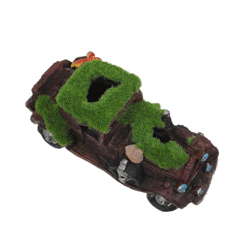 SEWACC Adorno de Resina para Acuario con Forma de Coche Hundido, 14,3 X 6,6 X 6,1 Cm, Decoración con Musgo Artificial, Accesorio para Escondites y Paisajismo de Peceras