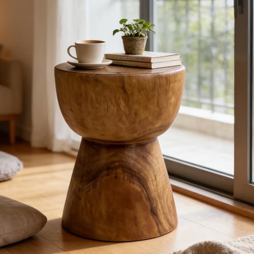 DUHOME Solid Handcrafted Wood End Table, One-Piece Organic Modern Drum