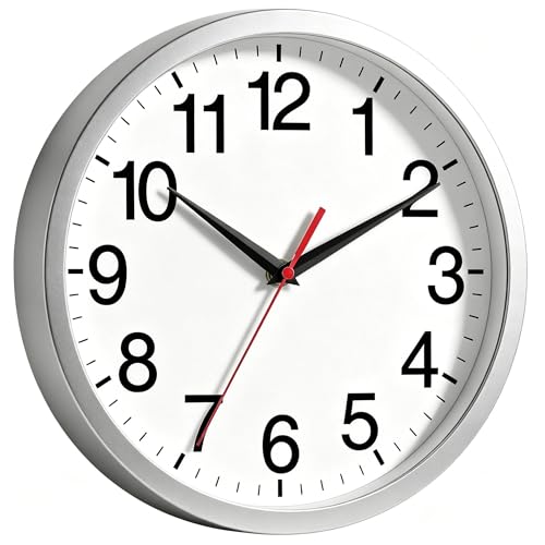 Image of Rohioue 12 Inch Wall Clock, Modern Battery Operated Wall Clocks, Silent Non Ticking Analog Clock for Bedroom, Kitchen, Bathroom, Office, Home, Living Room (Silver)