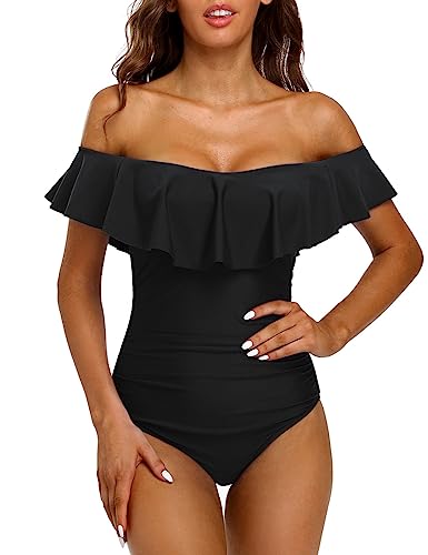 Hilor Women's Off Shoulder One Piece Swimsuits Black Retro Tummy Control Swimwear Flounce Ruffled Bathing Suit 6 #TOP2