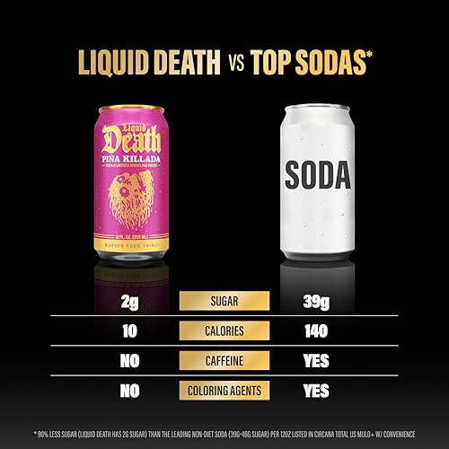 Image of Liquid Death Soda-Flavored Sparkling Water - Modern Variety, Less Sugar*, Huge Flavor, No Caffeine, No Artificial Sweeteners, 4 Flavors: Lime, Orange, Strawberry, Pina Killada 12 Fl Oz (Pack of 12)