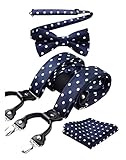 La pajarita es facil de usar debido a que ya esta pre-atado, 21 clips de tirantes grandes para pantalones, Jeans, traje, pantalones cortos. Un cuadrado de bolsillo es necesario para un hombres.