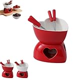 Fonduetasse in Herzform, Keramik, Schmelzbecher mit 4 Gabeln, 350 ml, Fonduetopf-Set für Käse, Butter, Karamell, Schokoladenbecher, Schmelzbecher (rot)
