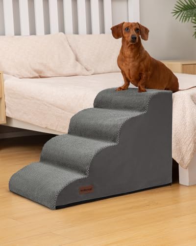 Image of Aodisman Dog Steps for Bed or Couch,4 Step Pet Stairs for Small Dogs & Cat | Curved dog ramp help small dogs, senior cats and puppies get on and off couches and beds, non-slip bottom, 17.4 inch H,Gery