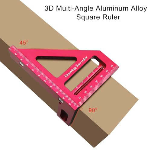3D Multi-Angle Measuring Ruler,45/90 Degree Aluminum Alloy Woodworking Square Protractor,Ideal for Engineer Carpenter Crafting, Drawing,Miter Triangle Ruler High Precision Layout Measuring Tool (Red) - Thumbnail 5