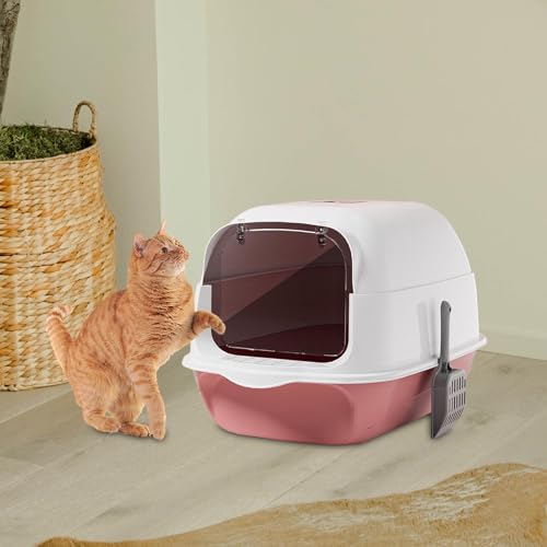 Caja de arena para gato con tapa cubierta rosa miniatura 6