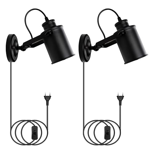 ASCELINA Vintage Wall Light with Switch, Industrial Ceiling Spotlight Black Retro Adjustable Wall Light Metal Headlight E27 Lamp Base (2 Pack)