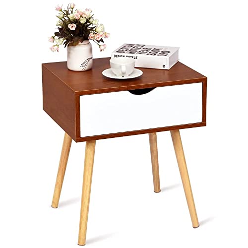 Image of Storage Nightstand Mid-Century Modern Bedside Table with Solid Wood Legs Minimalist and Practical End Side Table- 1 Drawer -Brown White