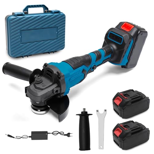 Meuleuse d'angle sans fil pour Makita 18 V, 125 mm, moteur sans balais, batterie Flex avec 2 batteries et chargeur, 2 disques à tronçonner, 1300 tr/min, pour couper, éliminer la rouille (B)