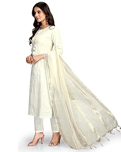 Image of Rajnandini Women's Pure Cambric Cotton Embroidered Kurta Set With Dupatta (JOPLVL214-S Off-White S)
