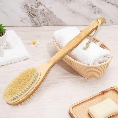 Image of Tony Stark 2-in-1 Long Handle Body Brush | Exfoliating & Massaging Bath Brush | Helps Reduce Cellulite | Boosts Blood Circulation | Gently Removes Dead Skin Cells | Natural Soft Bristles - 1 Piece