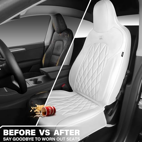 Image of CAR PASS Nappa Leather High Back Front Seat Covers, Tesla Model 3 Model Y Breathable Faux Leather Front Bucket Seat Covers, Anti-Slip Airbag Compatible Universal Fit for Sedan SUV Van Truck, White