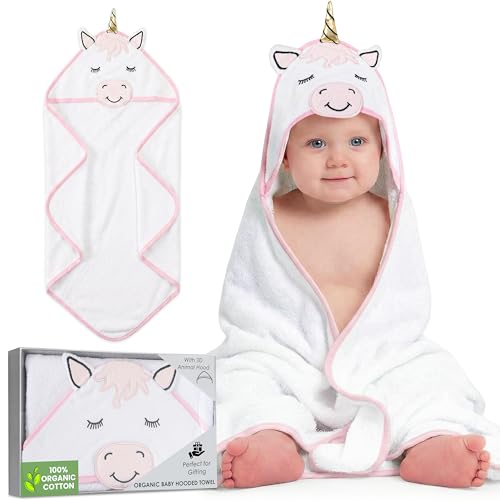 Image of Mother's Choice 100% Organic Cotton Hooded Baby Towels - Large Size, Ultra-Soft & Absorbent Baby Towels with Hood for Newborns, Infants, Toddlers, Boys & Girls with Animal Hood (Unicorn)