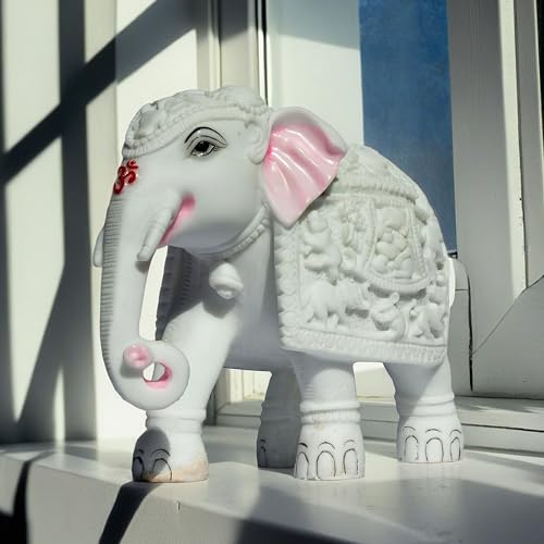 White Elephant Statue Trunk Down Hathi Figurine Big Size 7 inch Elephant Marble Resin Decorative Showpiece for Vastu, Study Room, Work Table, Gifting (7 x 8 inch) — photo — 7 of 9
