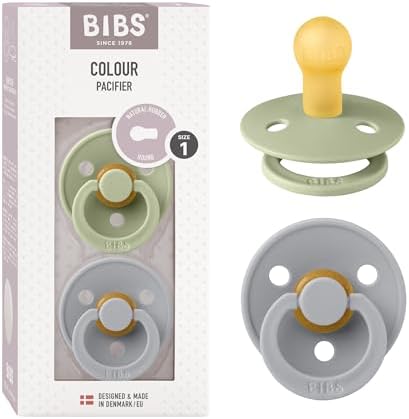 BIBS Pacifiers Colour Collection | Natural Rubber Baby Pacifier | Set of 2 BPA-Free Soothers | Made in Denmark | 0+ Months (Pack of 2) | Sage/Cloud