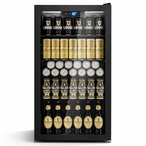 TRIUMPHKEY Réfrigérateur à Boissons 95 L avec Refroidissement Uniforme et Sans Givre, Porte Vitrée, 4 Étagères Réglables, Capacité 130 Canettes, Mini Frigo Idéal pour Bar, Bureau et Maison