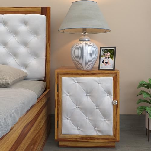Image of DRIFTINGWOOD Dolvi Sheesham Wood King Size Bed Bundle with 2 Bedside Tables | Solid Wood Bedroom Set with Storage Furniture Set & Upholstered Headboard | Wooden Palang (Natural Finish)
