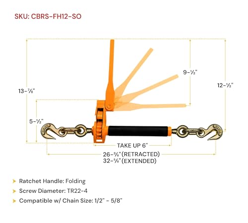 Image of Mytee Products 2 Pack 1 /2 inch - 5 /8 inch Hi-Viz Orange Quick Folding Handle Ratchet Load Binder with Grab Hook 18,100 lbs WLL | Tie Down Hauling Chain Binders for Flatbed Truck Trailer