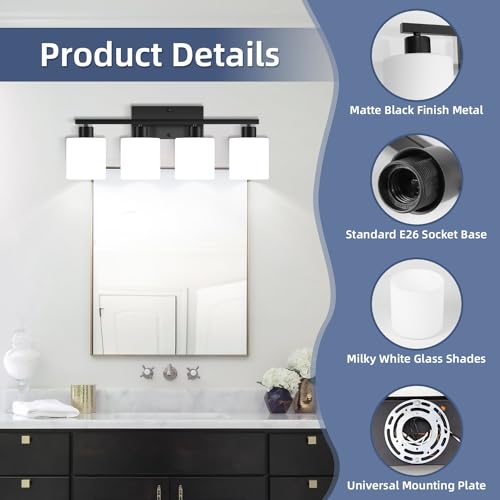 Image of SILAMPDI Black Bathroom Light Fixtures Over Mirror, 4-Light Vanity Lights for Bathroom, Modern Wall Sconces Lighting for Bedroom Living Room, Milky White Glass Shades, E26 Base, Bulbs Not Included